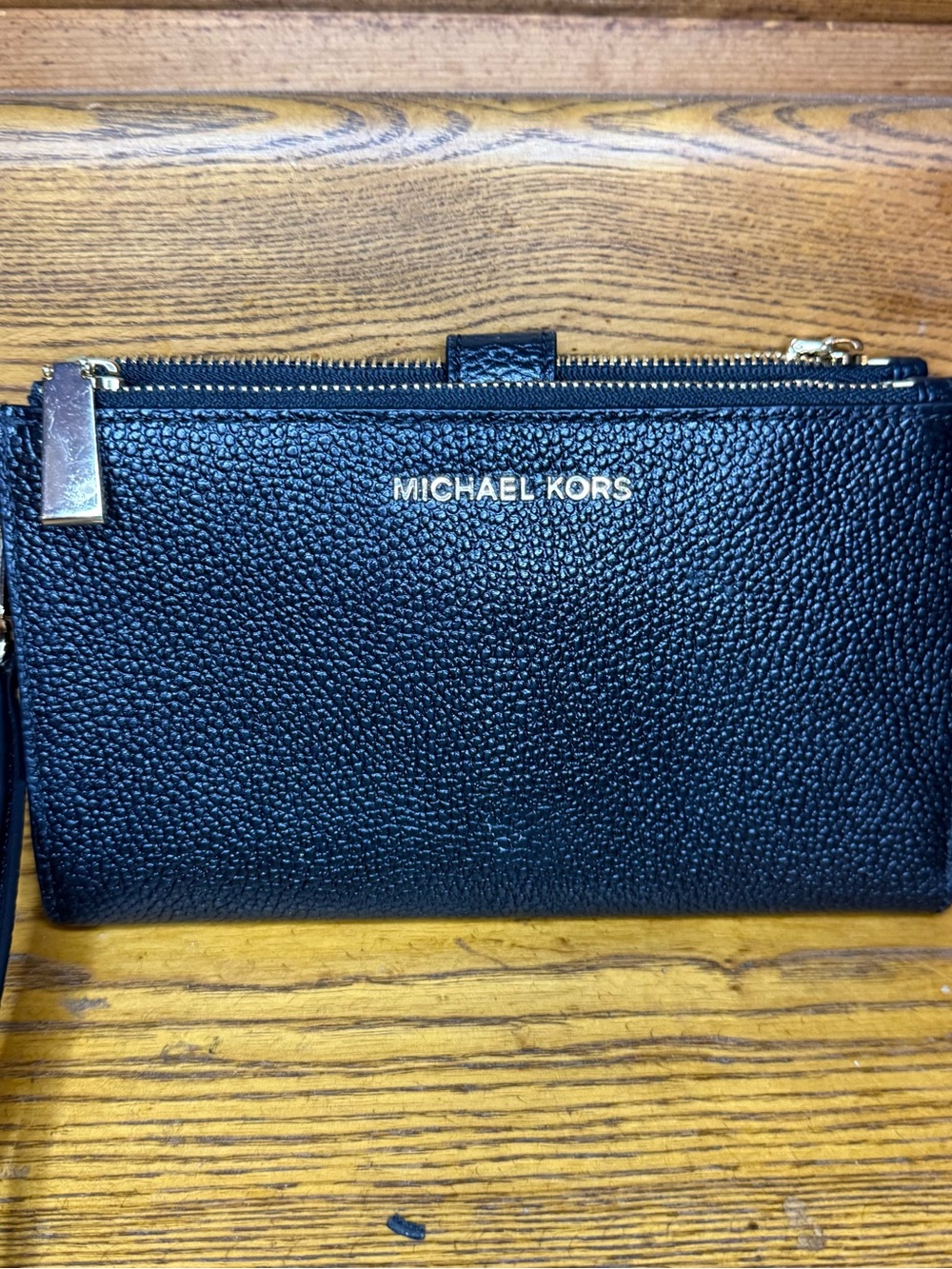 Michael Kors Adele Double Zip Black Pebbled Leather Wristlet with Gold Accents